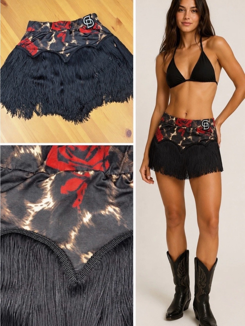 Dance Skirt Heavy Black Fringe XS S Hot Cowgirl Latin Salsa Texas Rose Indie Fem